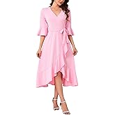 BINXIAD Women's V Neck Bell Sleeve Wrap Midi Dress High Low Split Ruffle Dress with Belt