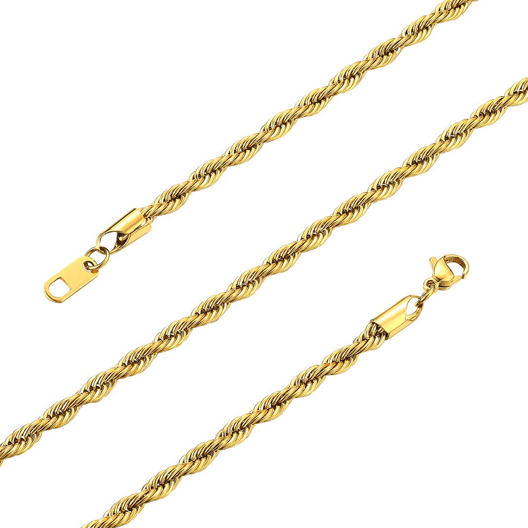GoldChic Men Gold Rope Chains 22 Inches, 3mm Twist Link Necklace for Men Women