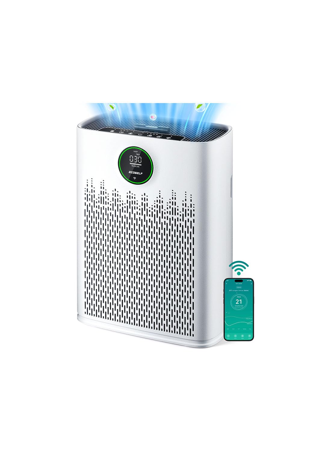 Photo 1 of ECOSELF Smart Air Purifier for Home Large Rooms, with WiFi Control, Covers Up to 2400 Ft², Smart Mode, AQI Display, 22dB Sleep Mode & Aromatherapy with 2X-Power Filtration, HAP603WF, Bright White