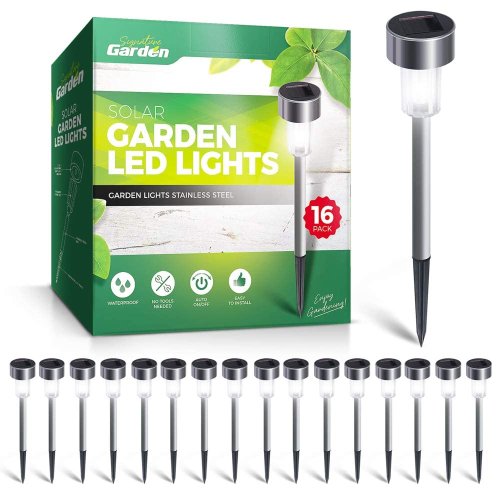 Signature Garden Mini Solar Stake Lights, Outdoor LED Garden Lights - Battery Lasts 10 Hours, Rust, Scratch & All-Weather Resistant, No Wire Installation (16 Pack, Silver)