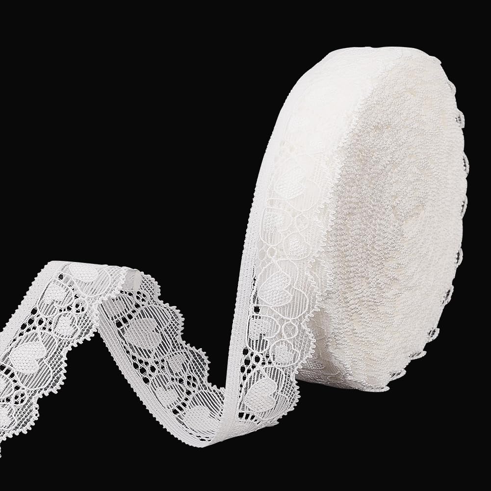 FINGERINSPIRE 20 Yards Elastic Lace Trim 25MM Heart Shape Pattern White Embroidered Ribbon for DIY Sewing Projects