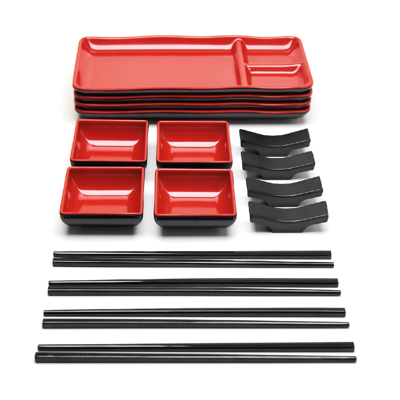 Goliber 16 Piece Japanese Style Sushi Plate Dinnerware Set - Includes 4 Sushi Plates, 4 Sauce Dishes, 4 Pairs of Chopsticks, 4 Chopsticks Holders (Red)