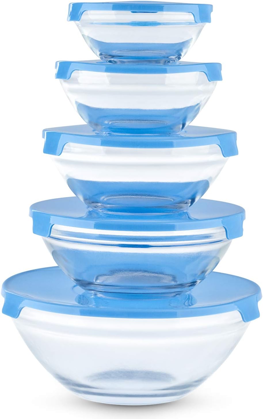 Ryori Kitchen 5pc Stackable Glass Food Storage Bowl Set with Lids - Microwave Dishwasher Freezer Safe (Blue)