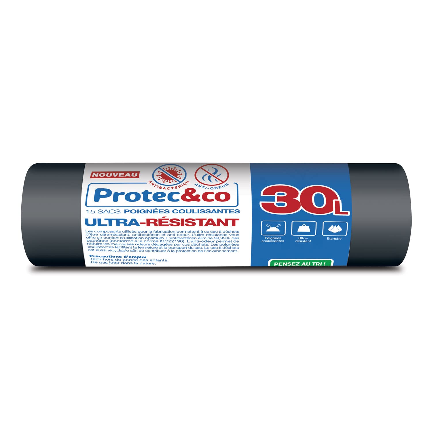 PROTEC&CO Le Seul 4-in-1 Bin Bag 30 L, Heavy Duty, Anti-Bacterial, Odour-Resistant, Sliding Handles, Roll of 15 Bags