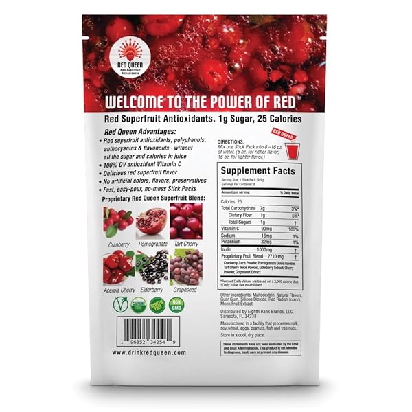 RED QUEEN® RED SUPERFRUIT DRINK MIX|1G SUGAR, 25 CALORIES PER SERVING|RED SUPERFRUIT ANTIOXIDANTS WITHOUT ALL THE SUGAR & CALORIES IN JUICE|CRANBERRY-POMEGRANATE-CHERRY-ELDERBERRY-GRAPESEED(PACK OF 8)