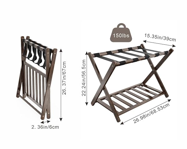 HONYQISHUO LUGGAGE RACK FOR GUEST ROOM, FOLDING SUITCASE STAND WITH STORAGE SHELF 5 NYLON STRAPS FOLDABLE FOR EASY STORAGE BAMBOO STAND HOLDER SHELF FOR BEDROOM LIVING ROOM HOTEL ESSENTIALS BROWN