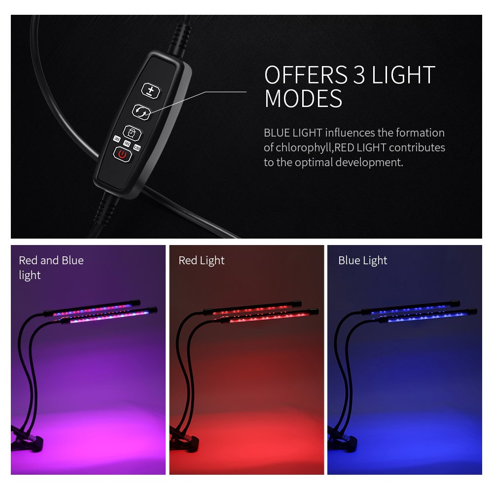 Ranipobo LED Grow Light 18W Dual Head Timing Plant Lights with 36 LED Dimmable 8 Levels Grow Lamp Bulbs Flexible 360 Degree Gooseneck for Indoor Plants Hydroponics Greenhouse Gardening
