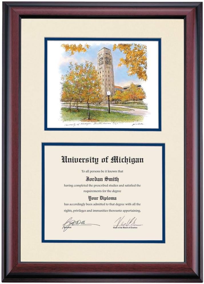 OCM DiplomaDisplay Premier Frame for University of Michigan U-M Wolverines | 8-1/2" x 11" Diploma Certificates | Ivory/Navy Mat | Burton Tower Watercolor | Graduation Gift