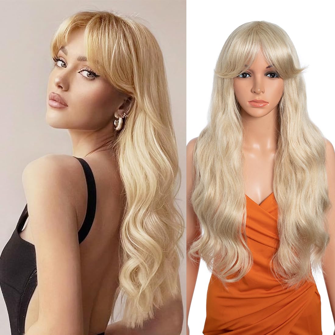 26 Inch Long Wavy Wigs for Women Black Wig with Bangs Ombre Brown Wig with Dark Roots Long Layered Wig Heat Resistant Synthetic Wig Natural Looking Wigs for Daily Party Use(LINEN(59)
