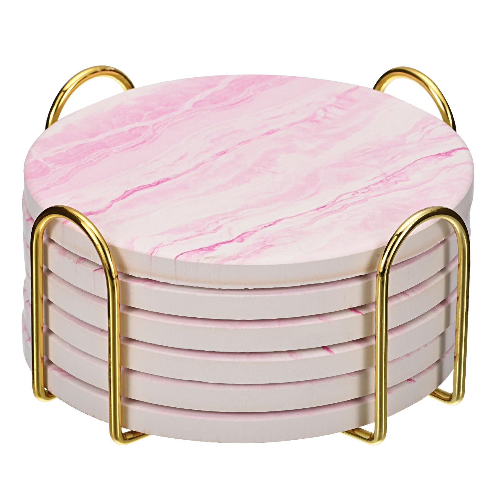 uxcell Drink Coasters with Holder, 6pcs 4" - Cork Base Coasters for Drinks, Sandstone Style for Kinds of Cups, Home Decor, Wooden Table (Pink)