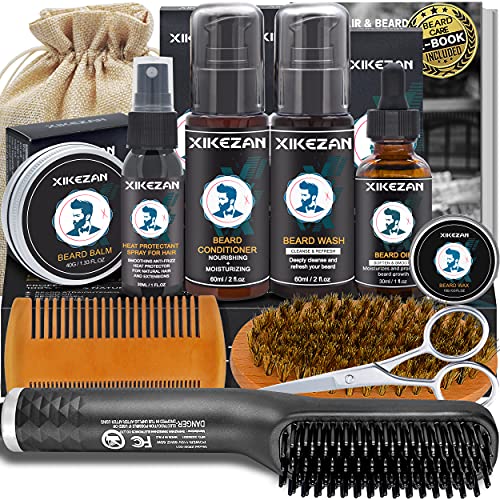 Beard Straightener Kit,Beard Growth Grooming Kit w/Beard Straightener,Heat Protectant Spray