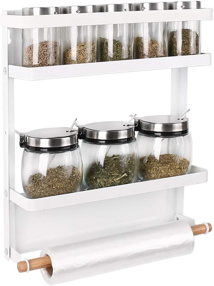 Haturi Magnetic Spice Rack, Foldable Kitchen Fridge Organizer Shelf for Storage Spice, Condiment, Seasoning (Medium,White)