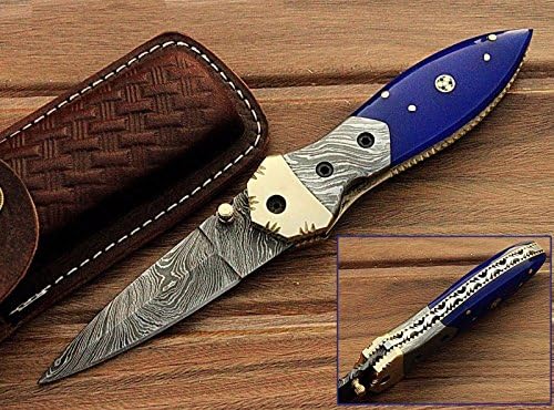 100% Prime Quality Custom Made Blue Arrow Handle Damascus Steel Folding Pocket Knife W/Case