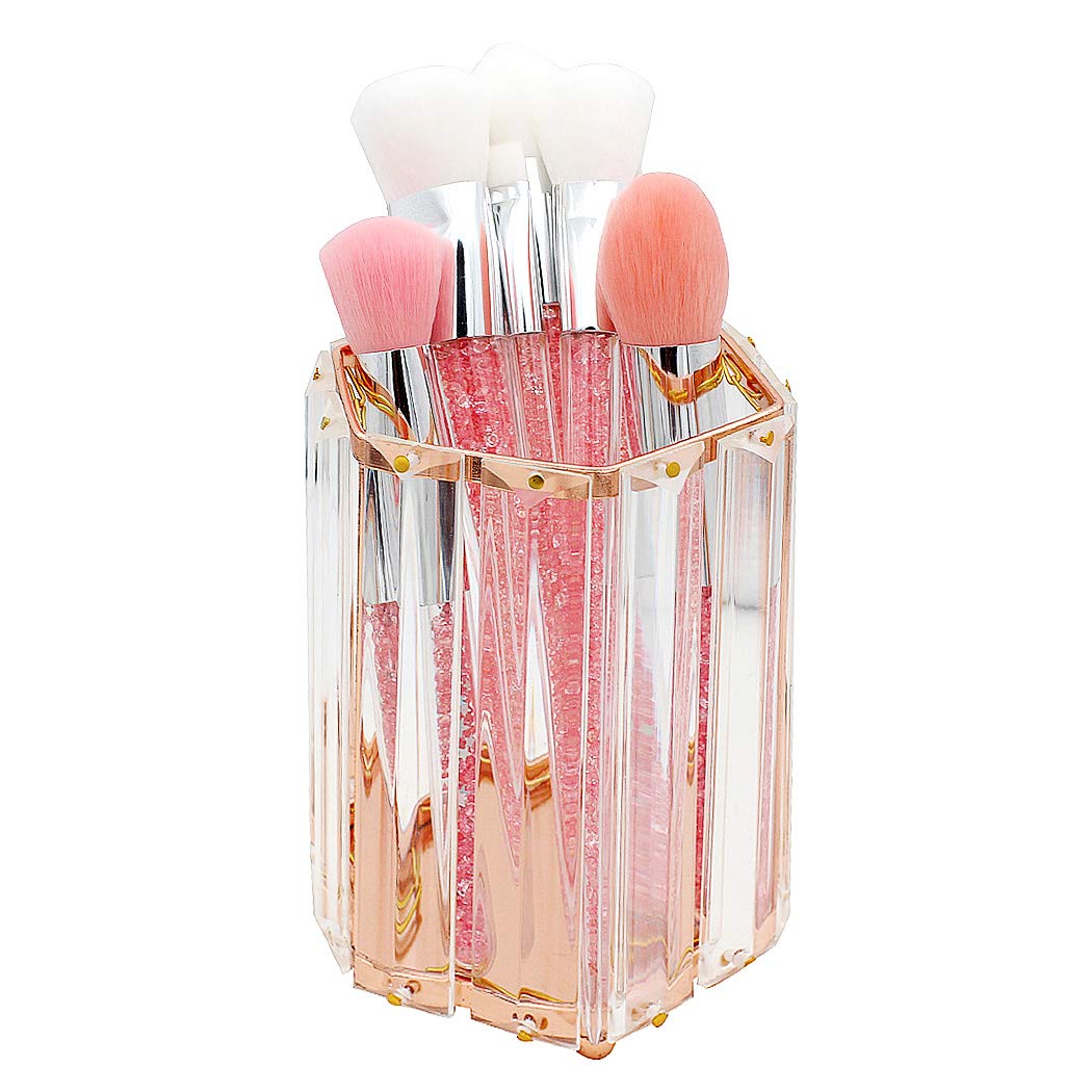 SIPLIV Crystal Makeup Brush Holders Pen Holder Cosmetic Storage Holder Beauty Brush Holder Office Desk Organizer - Hexagon, Rose Gold