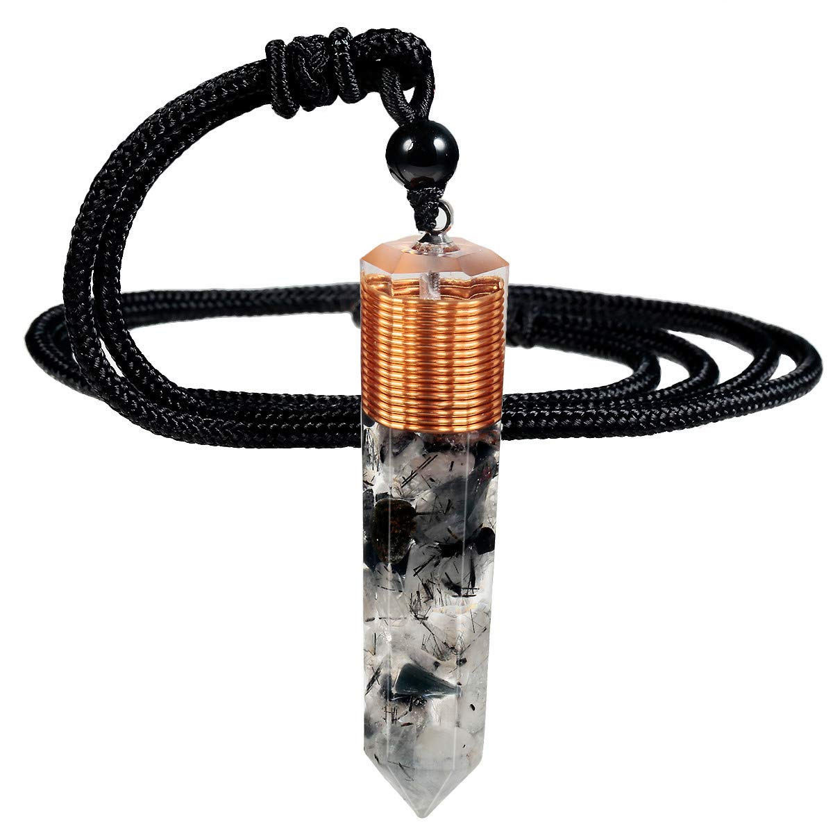 Nupuyai Black Rutilated Quartz Healing Crystal Point Pendant Necklace for Women Men, Spiral Hexagonal Stone Pendant with Adjustable Cord 60cm
