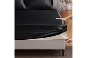 BEDELITE Satin Fitted Sheet Queen Size with Elastic Corner Straps, Luxury Soft Silk-Like Bed Sheet for Hair & Skin, 1 Deep Pocket Fitted Sheet Only Fits 15" Mattress, Fade & Wrinkle Resistant, Black