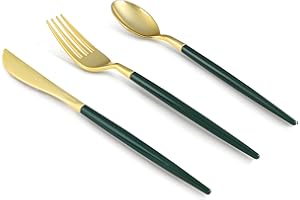 Bestluck 150 PCS Green Gold Plastic Utensils for 50 Guests, Gold Disposable Silverware with 50 Knives, 50 Spoons and 50 Forks, BPA Free, Ideal for Weddings, Birthdays & Party