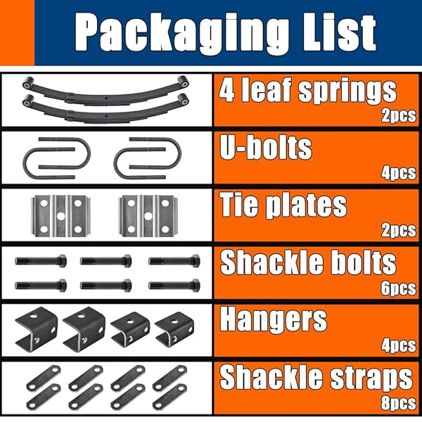 RV MURTS 4 LEAF TRAILER AXLE SPRINGS TANDEM SUSPENSION KIT FOR 3500LB CAMPER AXLE WHEEL WITH U-BOLT, HANGER AND SHACKLE KIT, BOAT TRAILER SPINDLE PARTS & ACCESSORIES, DURABLE(2 SET)