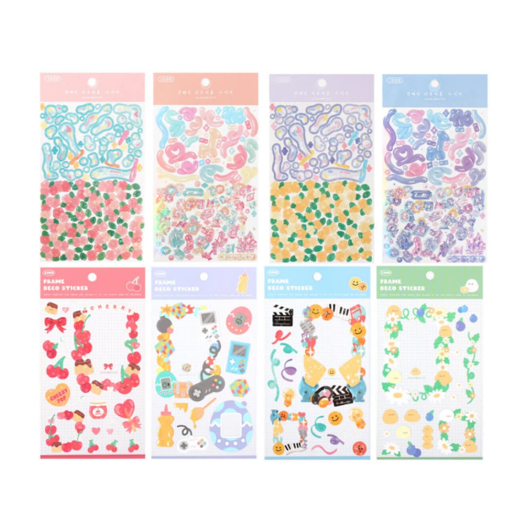 Photo 1 of Cute Essential Kawaii Aesthetic Stationery Sticker Pack - 8 Sheets (258+ Stickers) - for Planners, journals, scrapbooks, Gifts, Kpop photocards, polocos, Frame, Removable, Confetti, Flowers, Bubble