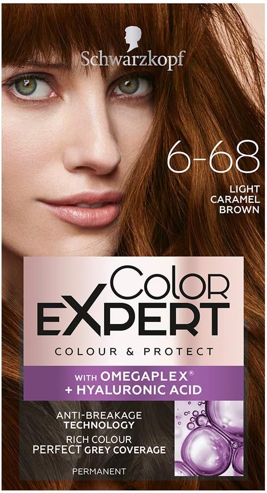 Schwarzkopf Color Expert Light Brown Hair Dye Permanent, Up to 80% Grey Hair Coverage & Protect with Omegaplex - 6-68 Light Caramel Brown