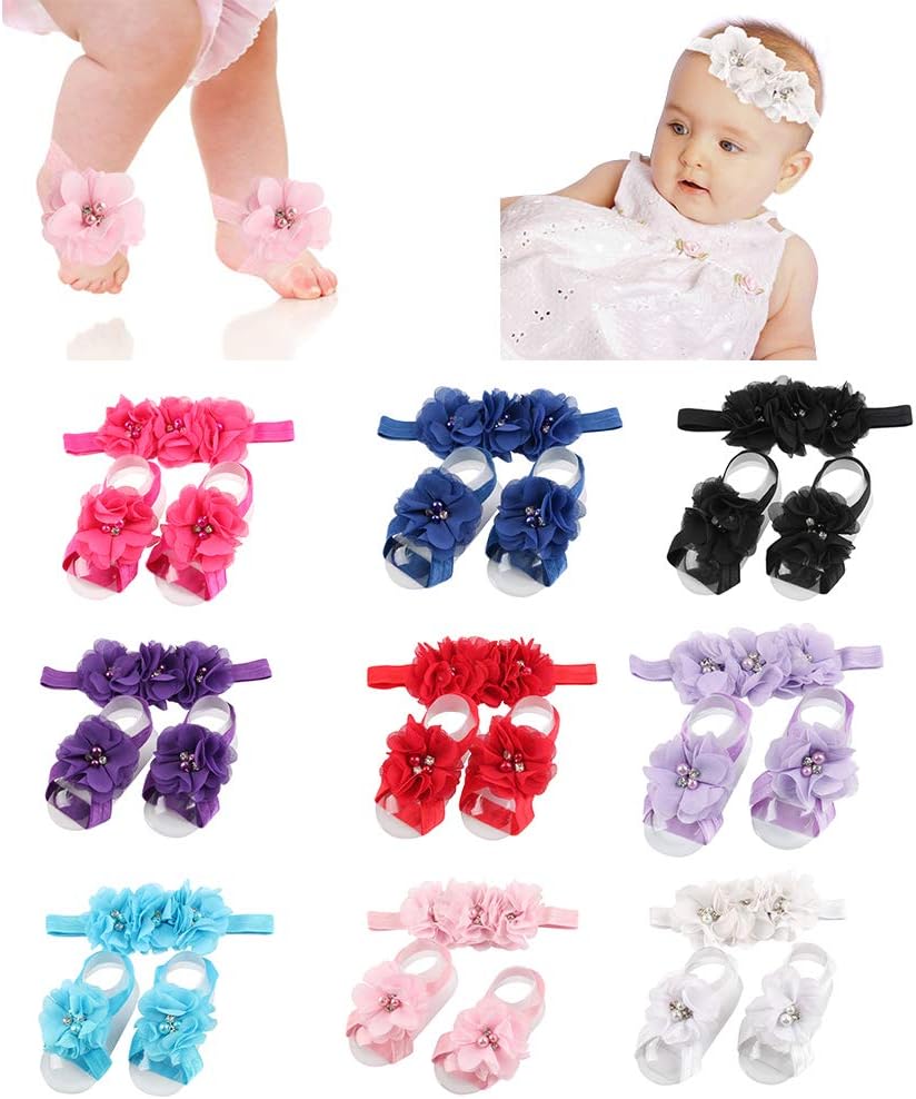 9 Colors Baby Barefoot Sandals And Headband Sets Soft stretch ribbon baby Decoration Hair Accessories shower gift For Toddler Girls