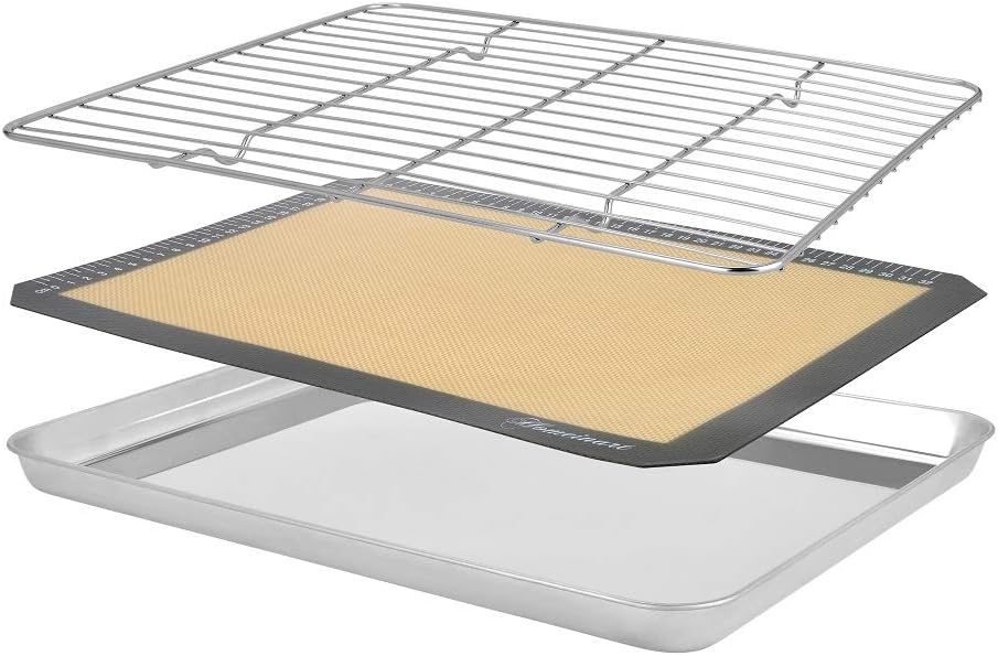 Baking Sheet Pan with Rack and Baking Mat Set, Stainless Steel Cookie Sheet with Cooling Rack & Silicone Mat, 16X12x1 inch, Non Toxic & Easy Clean & Rust Free & Dishwasher Safe