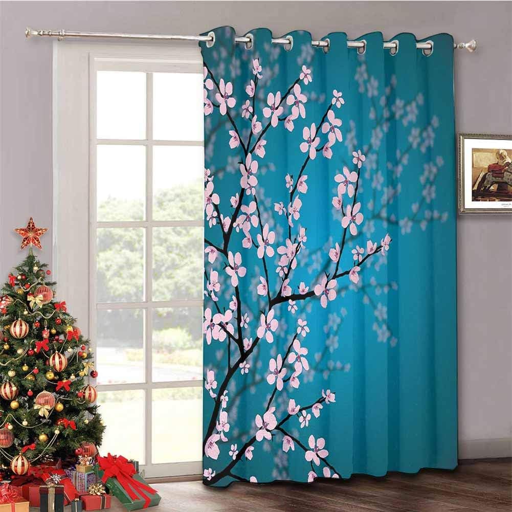 Teal - Sliding Door Insulated Drapes Pink Blossoms Art Leaves and Plants Ombre Spring Japanese Sakura Flowers in Garden Park - Soundproof Room Divider Curtains W52 x L63 Inch Teal Pink