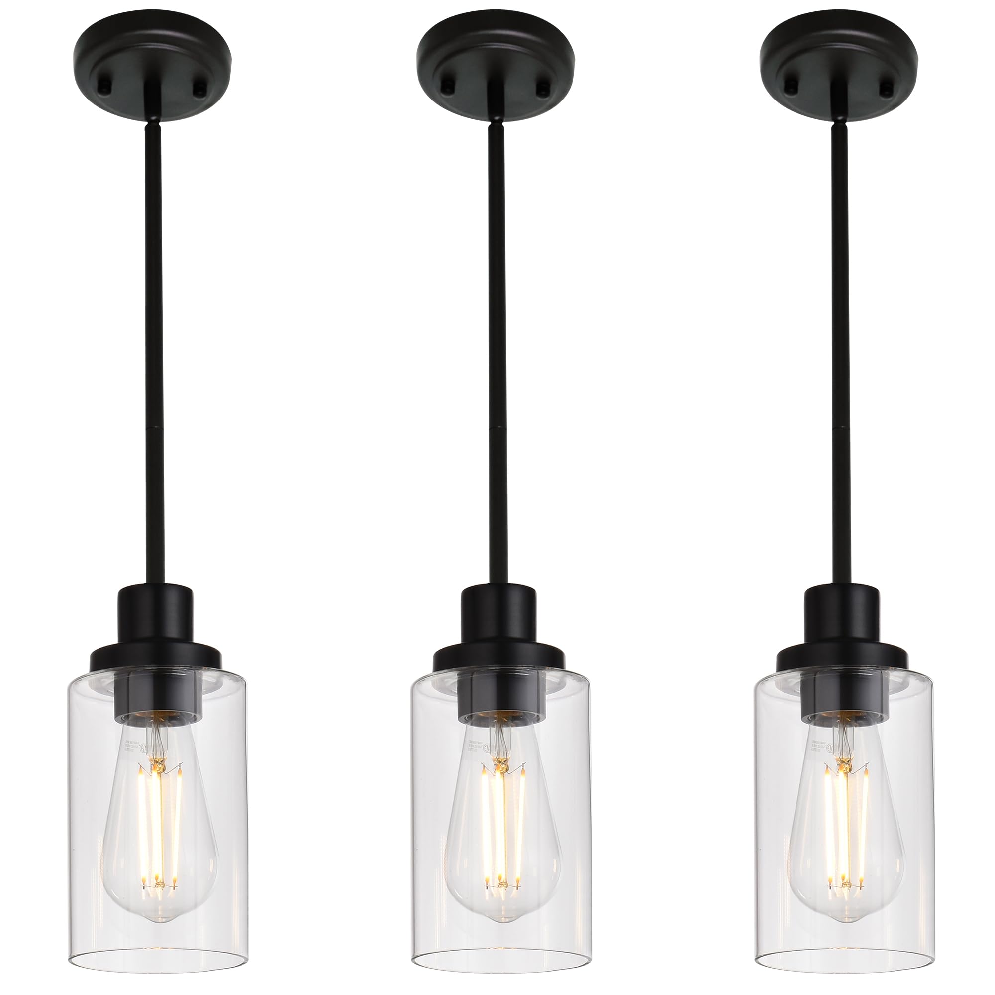 Photo 1 of MELUCEE Kitchen Island Pendant Lighting 3 Pack Adjustable Black Hanging Ceiling Lamp with Clear Glass Shade for Bar Dining Room Corridor Living Room Bedside, 1-Light