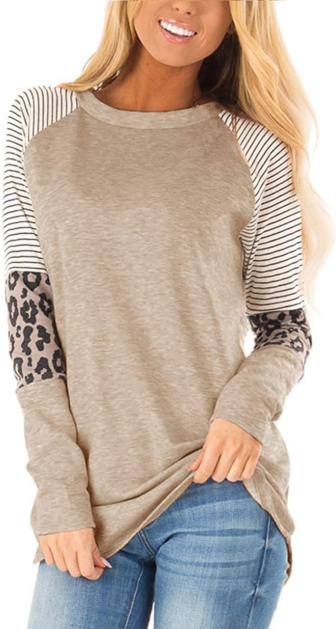 HARHAY Women's Leopard Print Color Block Tunic Round Neck Long Sleeve Shirts Striped Causal Blouses Tops