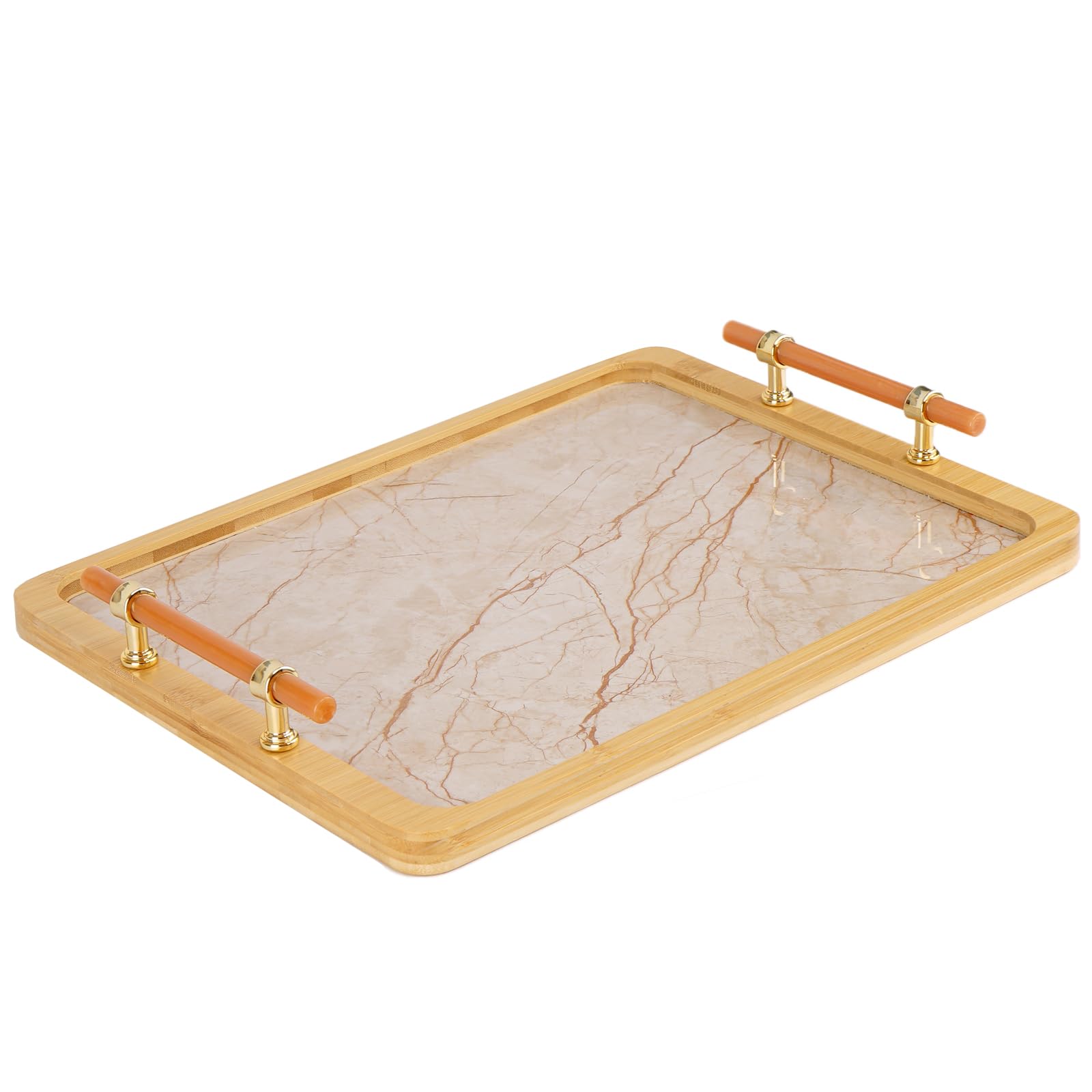 Photo 1 of JUPELI 16" x 12" Bamboo Serving Tray with Handles – Marble Pattern Decorative Rectangle Tray for Coffee Table, Kitchen, Vanity, Bathroom, or Ottoman – Perfect for Bread Food Fruit Display & Storage