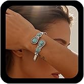 Andelaisi Boho Turquoise Bangle Bracelet Vintage Tribal Turquoise Cuff Bracelet Silver Stone Cuff Open Wrap Adjustable Hand Stackable Bangles Jewelry for Women