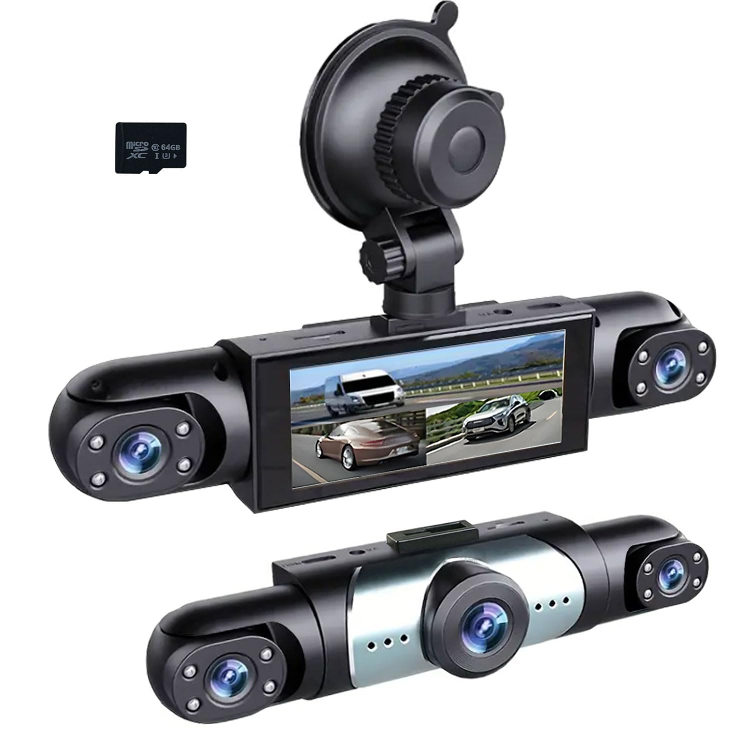 Photo 1 of 3 Channel Dash Cam Front Inside and Left Right, 1080P HD Dash Camera for Cars, 3.16 inches Car Camera 150° Wide Angle Dashcam, Night Vision, Loop Recording, G-Sensor, 64GB Card