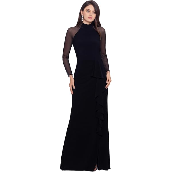 xscape long sleeve beaded dress Xscape Black Nude Silver Crystal Beaded Long Sleeve Gown Dress Size 4 $379