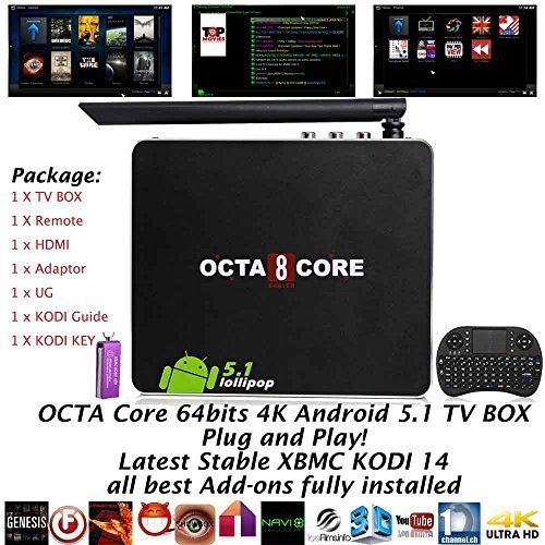 Kukele@ PLUG & PLAY - Android 5.1 Lollipop Octal Core 64BITS RK3368 CSA90 - XBMC KODI JARVIS 16.0 Addons Fully Loaded - HDMI 2.0 8GB Google Smart TV BOX Mini PC Internet Streaming Media Player - Apps (SHOWBOX Mobdro etc) Pre-installed - XBMC KODI KEY & KODI Manual & Wireless Keyboard
