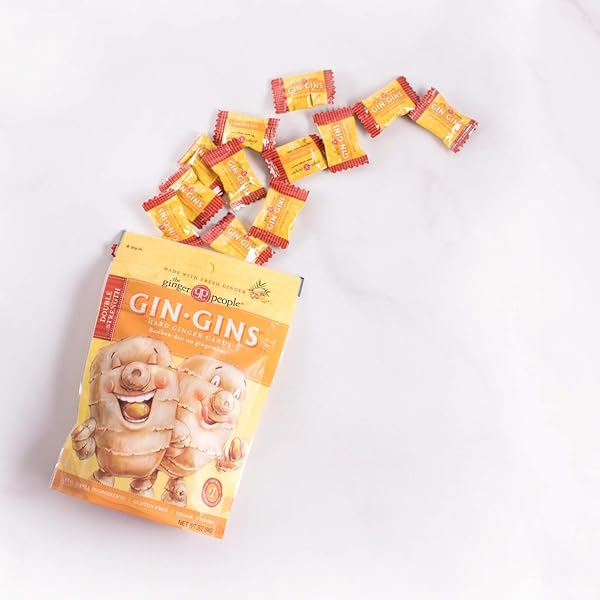 GIN GINS DOUBLE STRENGTH GINGER HARD CANDY – 100% NATURAL CANDY BY THE GINGER PEOPLE – INDIVIDUALLY WRAPPED HEALTHY TREATS – MADE WITH THE FRESH RHIZOME – DOUBLE STRENGTH FLAVOR – 3OZ BAG – PACK OF 1