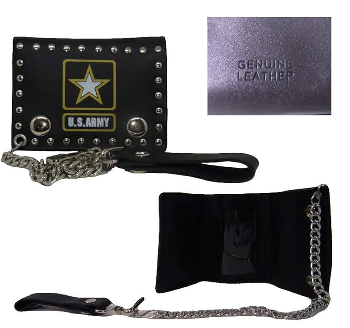 ALBATROS U.S. Army Star Emblem Black Genuine Leather Wallet with Chain (4 inch) for Home and Parades, Official Party, All Weather Indoors Outdoors