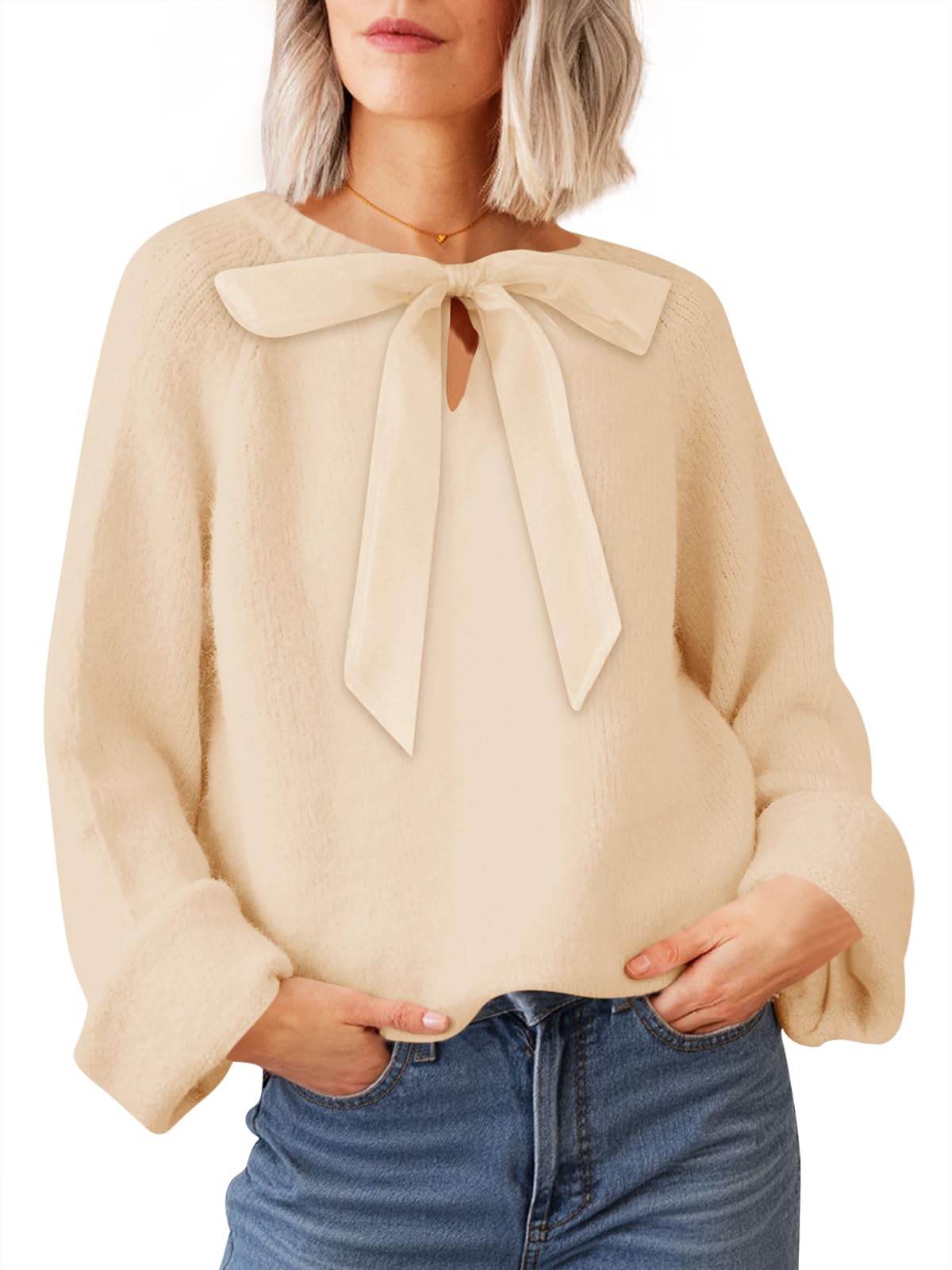 Photo 1 of **SWEATER DRESS**
Saodimallsu Womens Bow Tie Sweater Crew Neck Long Sleeve Cute Fall Loose Cozy Knit Pullover Sweaters Beige