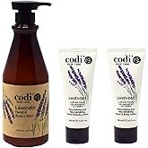 CODi Lavender Lotion - Lavender Body and Hand Lotion for Women and Men - Lavender Body Lotion with True English Lavender Scent - Less Greasy and Quick Absorbent - 1 750ml Bottle and 2 100ml Tubes