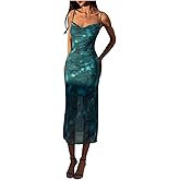 GORGLITTER Women's Floral Mesh Dress Spaghetti Strap Cowl Neck Bodycon Wedding Guest Vacation Beach Midi Dresses