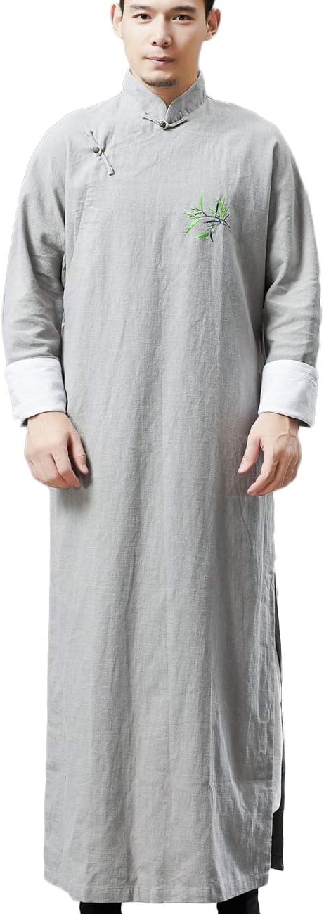 LZJN Men's Trench Coat Spring Autumn Long Jacket Kung Fu Linen Overcoat Vintage Chinese Style