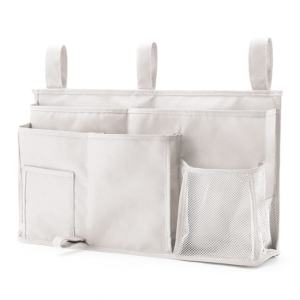 PACOLO Caddy Hanging Organizer Bedside Storage Bag, 600D Oxford Cloth with Hook&Loop for Bunk and Hospital Beds,Dorm Rooms Bed Rails(8 Pockets) (Beige)
