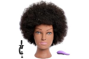 Phamb Afro Mannequin Head with 100% Human Hair for Practice Braiding African American Cosmetology Doll for Hairdresser with Table Clamp Stand (D8A-Black)