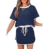 Opemiby Womens 2 Piece Skort Set 2026 Color Block Short Sleeve Top Drawstring Skort Matching Sets Casual Lounge Summer Outfit