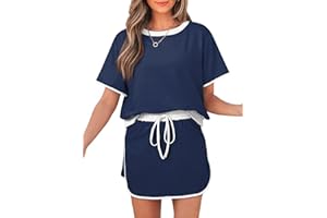 OPEMIBY Women's 2 Piece Sets Summer Casual Short Sleeve Tops and Matching Drawstring Skort Going Out Lounge Outfits