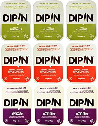 DipIn Natural Dips 4 Ounce Variety Pack of 9 - Hummus, Black Olive Tapenade, and Bruschetta
