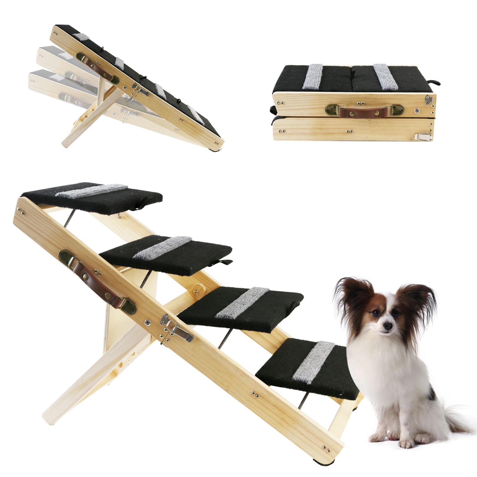 View 1 of 2-in-1 Indoor Pet Ramp, Wooden Folding 4-Tier Pet Stairs with Non-Slip Carpeted Steps, Ramp Perfect for Bed and Couch, 12.5" to 22.5" Height Adjustable (31.5x15)