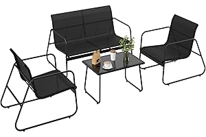 OUTDOORVIBE Textilene Patio Conversation Set with 2 Single Chairs, 1 Love Seat and Coffee Table, 4 Piece Textilene Furniture Set with Loveseat and Glass Top Coffee Table