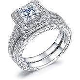 925 Sterling Silver Two in one Double-Layer Cubic Zirconia Wedding Ring for Women, Halo Wedding Ring Set, Men's and Women's Titanium Stainless Steel Ring 2-Piece Set Size 8