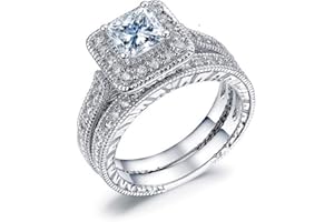 EUJHRTM 925 Sterling Silver Two in one Double-Layer Cubic Zirconia Wedding Ring for Women, Halo Wedding Ring Set, Men's and Women's Titanium Stainless Steel Ring 2-Piece Set Size 7