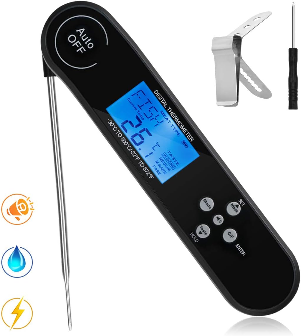 Waterproof Digital Instant Read Meat Thermometer Food Thermometer with Voice Broadcast, Kitchen Food Thermometer Probe with Backlight LCD for Cooking BBQ Baking